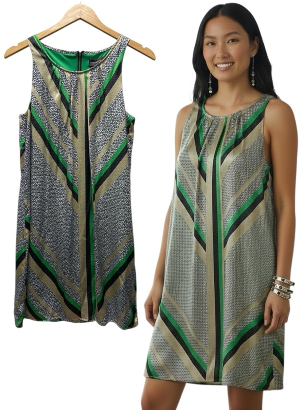 NWT Dana Buchman Green Mixed Print Sleeveless Shift Dress - Women’s Medium
